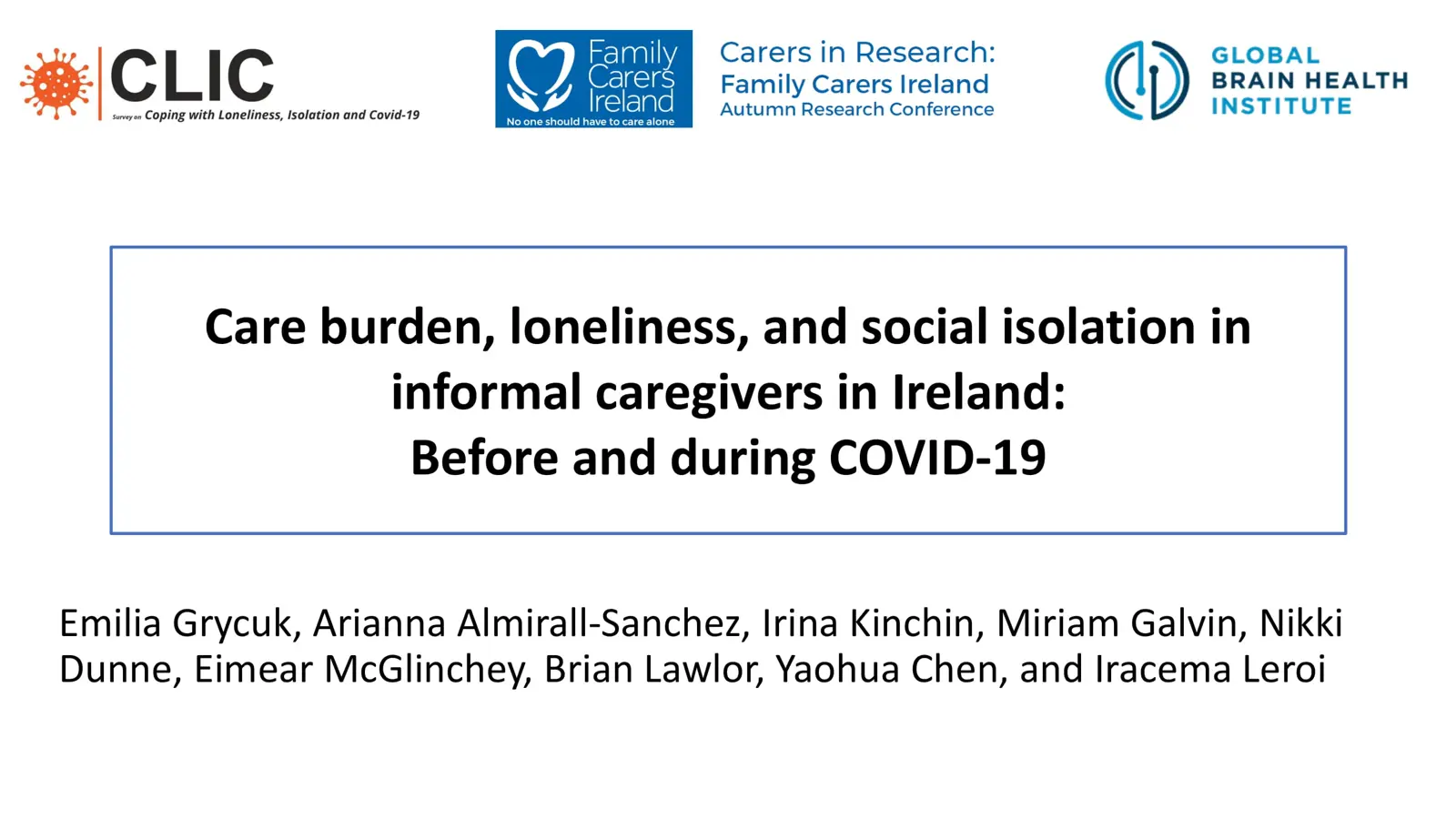 2. Emilia Grycuk & Dr Yaohua Chen, TCD, Care burden, loneliness, and social isolation in informal caregivers in Ireland: before and during COVID-19