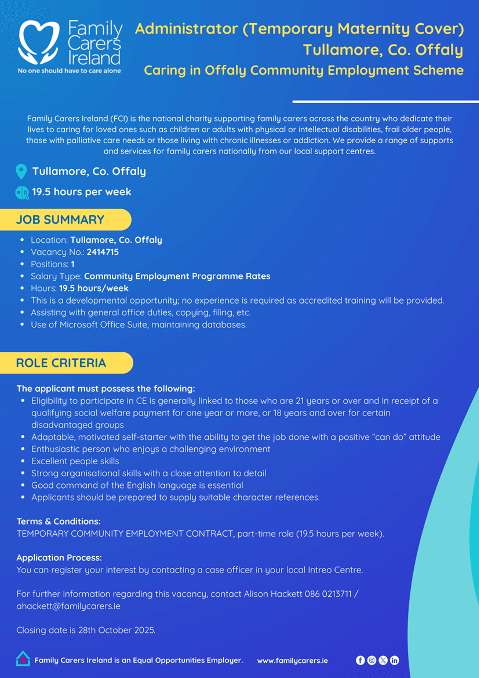 Administrator - Temporary Maternity Cover (Tullamore): Caring in Offaly (CE Scheme)