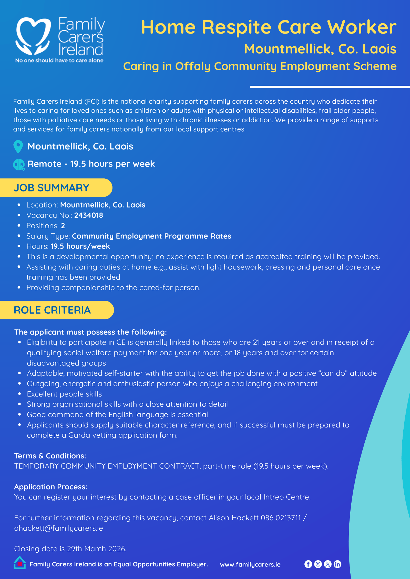 Home Respite Care Worker (Mountmellick): Caring in Offaly (CE Scheme)