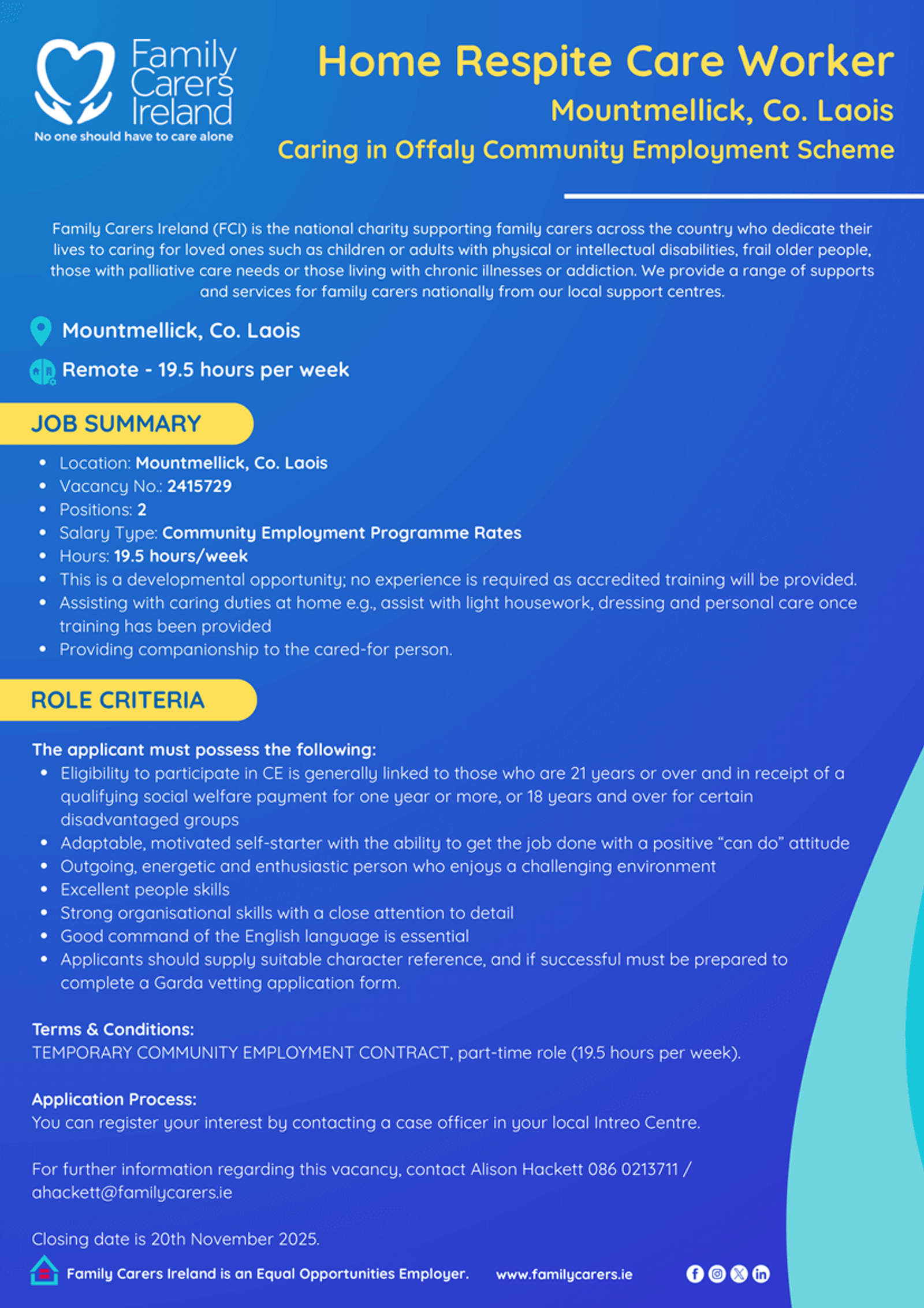 Home Respite Care Worker (Mountmellick): Caring in Offaly (CE Scheme)