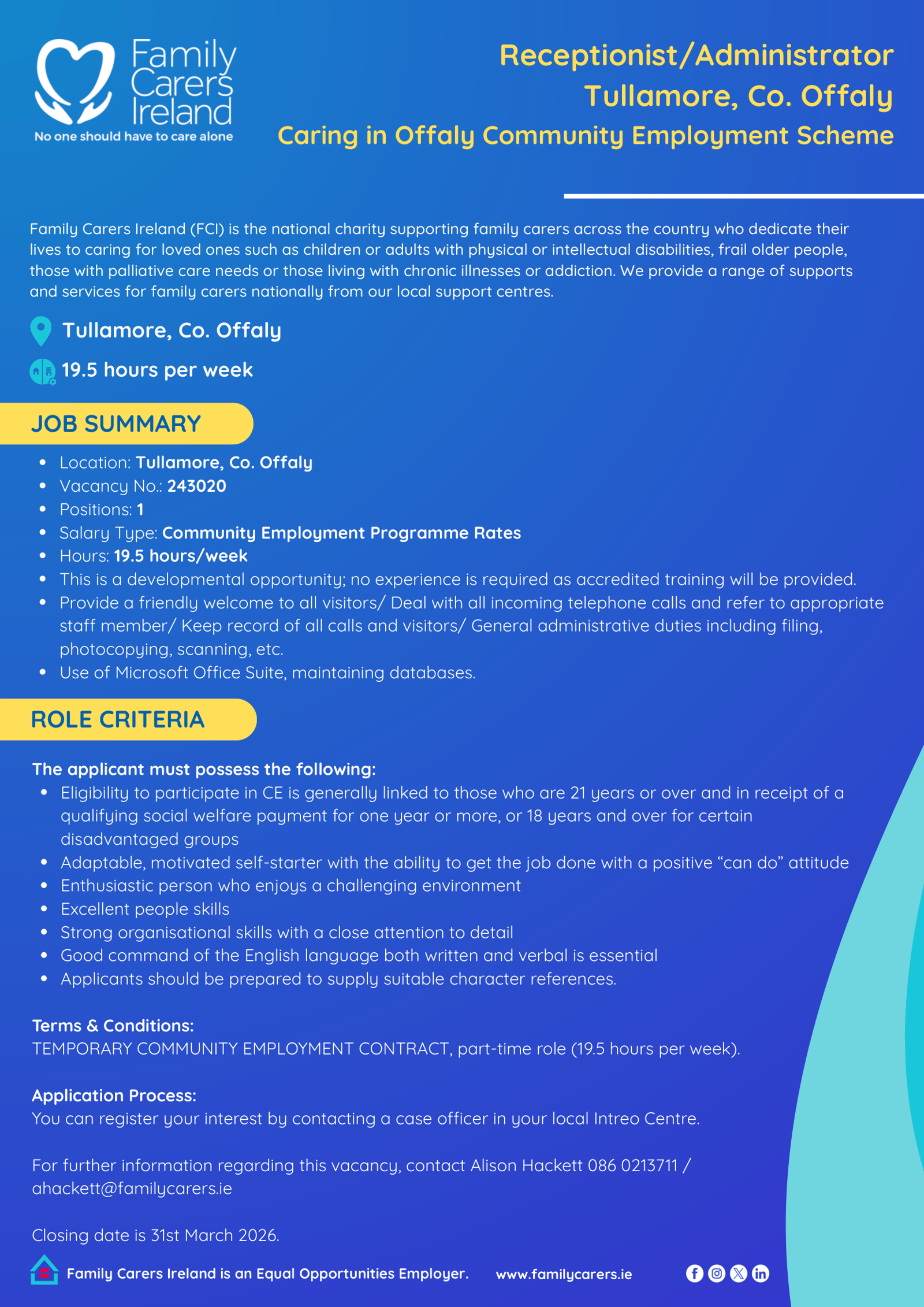 Receptionist/Administrator (Tullamore): Caring in Offaly (CE Scheme)